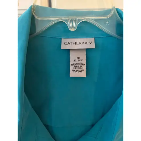 Catherines Plus Size 2X Teal Blue Pleated Button Front Shirt Top Roll Tab Sleeve
