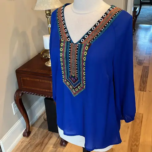 West 36th Top Royal Blue Shirt Silky Embroidered Womens M Size M
