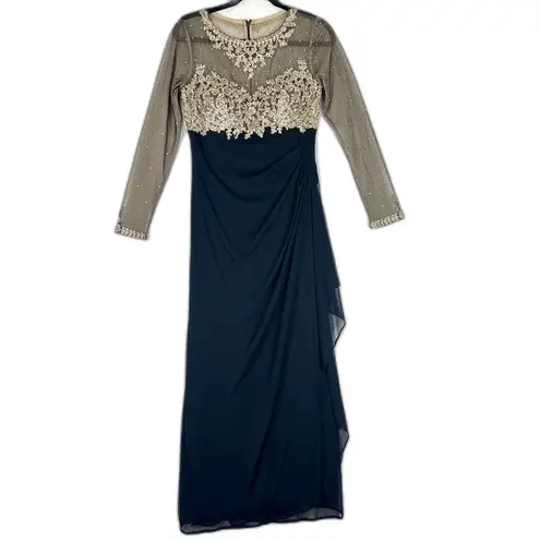 XScape Noah Illusion Long Sleeve Lace Matte Jersey Gown Ruched Size 6 Navy Gold