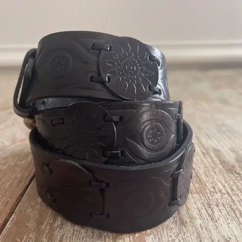 Fossil Vintage  Sun Flower Genuine Leather Belt Dark Brown Large Tooled Festival