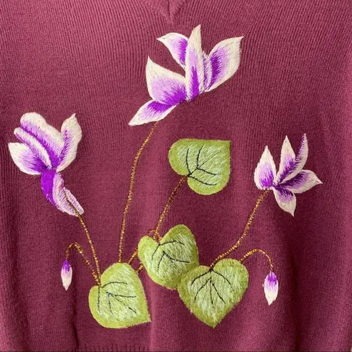 Lilly Of California Plum Acrylic Vneck Bombshell Sweater Embroidered Orchids