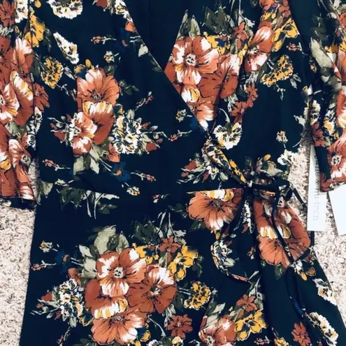 June and Hudson Wrap Dress Floral Mini Black Orange Brown Size M New w/Tag