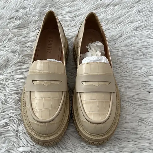 Schutz Viola Crocodile-Embossed Leather Flat Loafers in Eggshell size 7.5B
