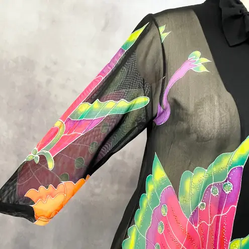 Valentina Womens Jacket M Mesh Zip Floral Butterfly Artsy Festival Sheer Y2K Black Size M