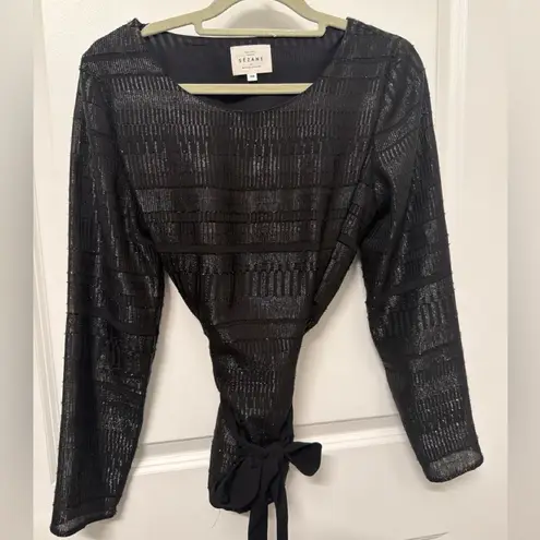 Sézane Black Metallic Long Sleeve Tie-Waist Top Blouse Size 38 6 US