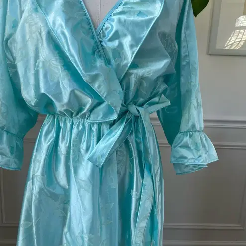 Vintage 80s Preview USA Aqua Satin Ruffle Robe M L Blue Size L