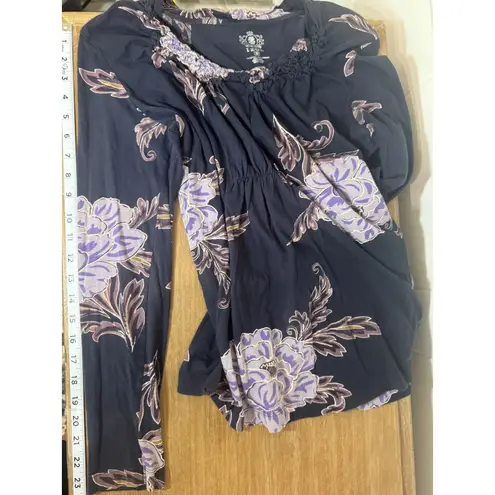 IZOD Vtg Cotton Purple Floral Print Long Sleeve Ruched Neck Top Blouse M Y2k