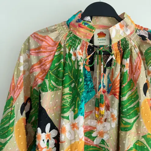Farm Rio Blouse XS Beach Palm Floral Toucan Tropical Peasant Balloon Sleeve