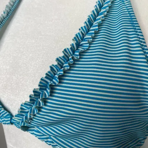 American Eagle  Ruffled Edge Striped Halter String Triangle Bikini Top Blue Small