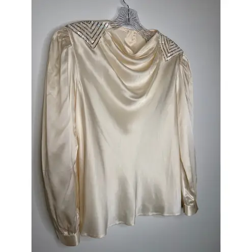 Vintage Lloyd Williams Silk cream blouse beaded sequin draped cowl neck medium