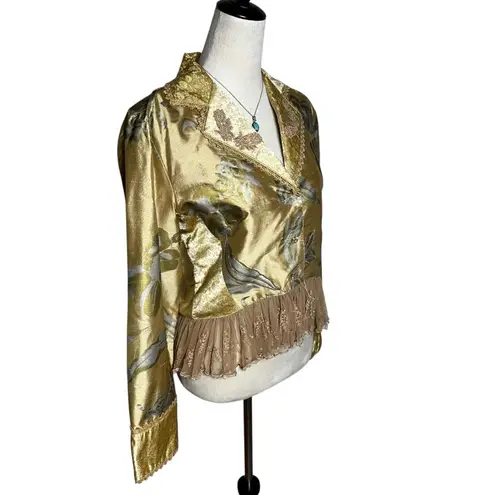 Sandy Starkman Silk Brocade Beaded Ruffle Lace Jacket M | Fairycore Regencycore Gold Size M