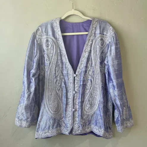 Bohemian Coverup Cardigan Purple Brocade Paisley Embroidered India Beach Handmad Size M