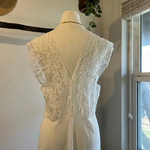 Vintage 1970s White Semi Sheer Satin Lace Top Maxi Slip Dress Size Medium
