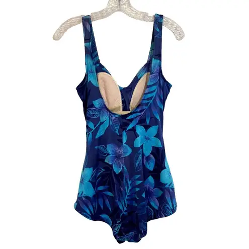 Maxine of Hollywood Size 4 Swimsuit One Piece Ruche Detail V Neck Shelf Bra Blue