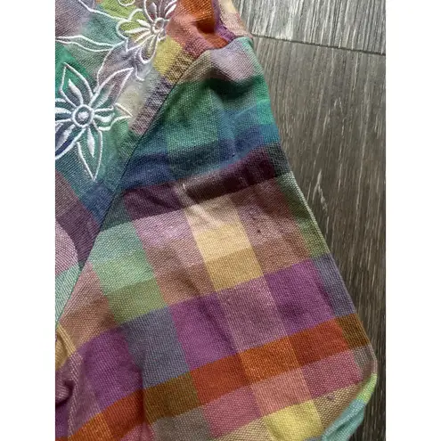 Vintage Embroidered Cotton Gingham Button Up Top XL Folk Whimsical Indie Granny Pink