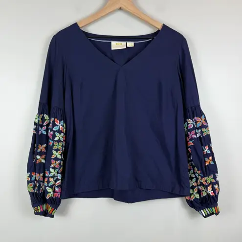 Maeve Anthropologie Sonja Top Women 6 Blue Floral Embroider Balloon Sleeve Boho