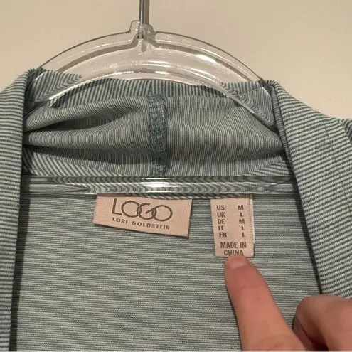 LOGO By Lori Goldstein stripe Lace Trim Tiered Ruffle Open Green Cardigan medium