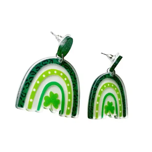 St Patrick's Day Earrings Shamrock Rainbow Shaped Dangle Whimsical New P… Green