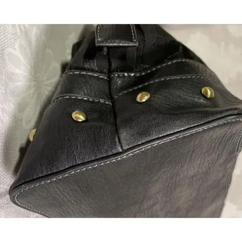 Etienne Aigner Black Leather and Canvas Satchel Bag Brass Accents