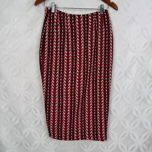 Eva Franco Red Blue White Geometric Print Wool Poly Blend Pencil Skirt With Slit Size 2