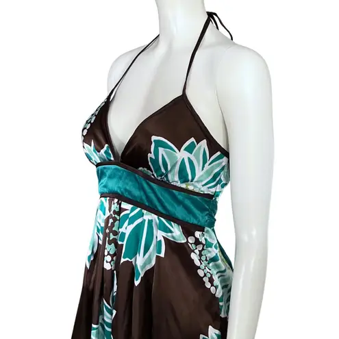Vintage Y2K Brown Teal Floral Halter Satin Party Dress. XS. Girlhoodcore Fairy