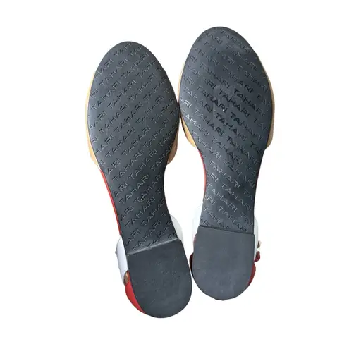 Tahari Fleur Womens Peep Toe Flats Tan Red White Ankle Strap Sandal 7.5M Leather