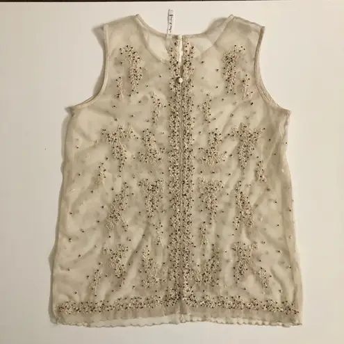 Willow & Clay Top Crocheted Beaded Cami Sleeveless Floral Mesh Sheer Cream Black