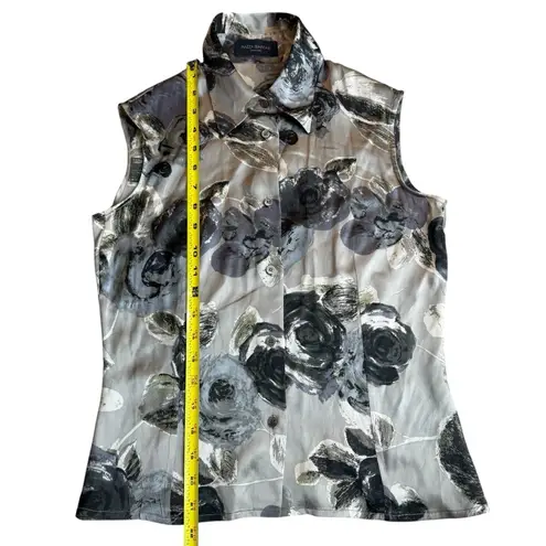 Piazza Sempione Size 2 Sleeveless Silk Button Up Vest Gray Rosette Floral Print