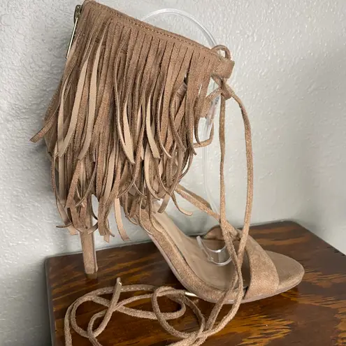 breckelle's Tan Roma-63 Suede Peep Toe Fringe Gilly Tie Stiletto Zip Heel 7