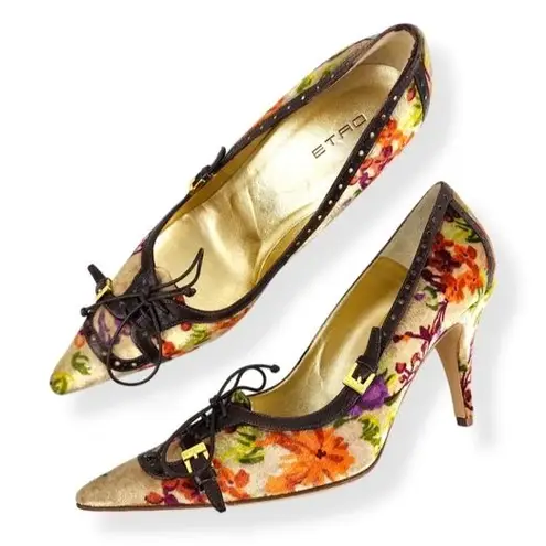 Etro Floral Velvet Pumps High Heels Shoes Buckles Lace