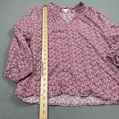 Caslon Nordstrom Top S Purple Floral Print Ruffle Neck Long Sleeve Blouse V Neck