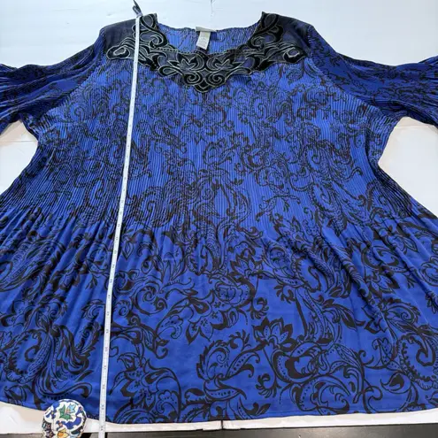 Catherines Blue Black Scroll Crinkle Pleated Crochet Georgette Blouse Size 5X