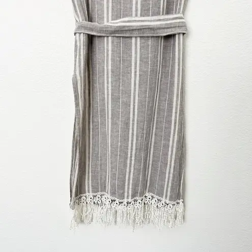 ZARA [] Linen Striped Gray White Fringed Sleeveless Tunic Tank Slits Sz Medium M