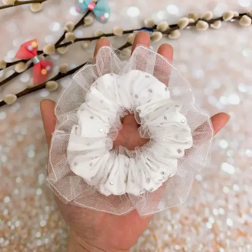 White And Silver Metallic Squares Studs Double Layered Tutu Scrunchie