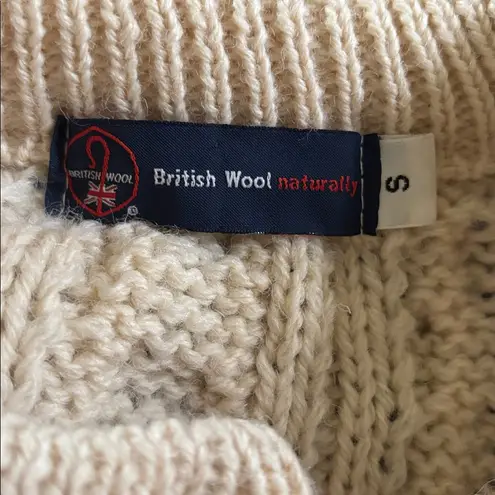 VTG British Wool Chunky Oversize Wool Cable Knit Cardigan Sweater Sz S Ivory White