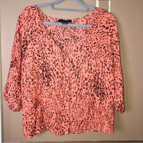 Sanctuary  Mila Button Front Leopard Animal Print 3/4 Sleeve Top orange Large