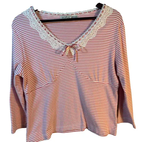White Stag Vtg Striped Lace Trim Top Pink & White Cotton Babydoll Y2K Size L