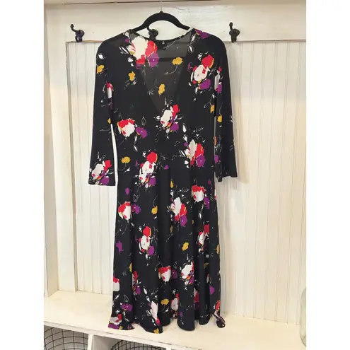 Leota Wrap Dress Black Floral Print 3/4 Sleeve V Neck Midi Plus Size XL
