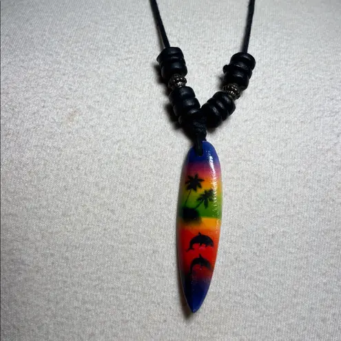 Wooden Bead Rope Surfboard Pendant Beachy Surfer Necklace Black