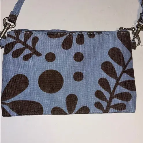 BLUE AND BROWN NYLON/CANVAS LIKE MINI PURSE DETACHABLE HANDLE WILL HOLD IPHONE