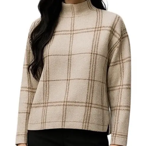 Tahari Women's Plaid Mock Neck Sweater Top Knit Long Sleeve Pullover Size M