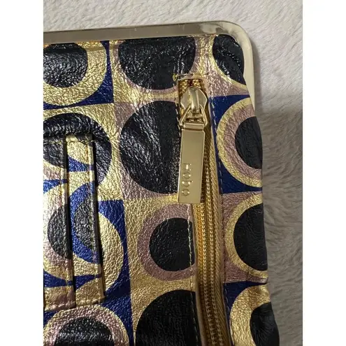 Hobo Wallet Womens Size Geometric Circle Pattern Black Gold Clasp Modern Chic