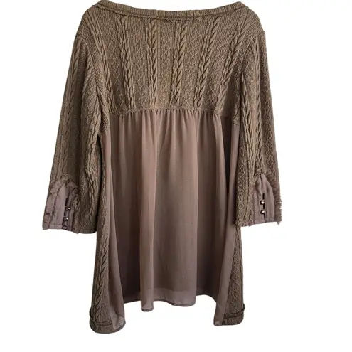 Nick & Me Women Tunic Sweater XL Taupe Mixed Media Cable Knit Boho Baybdoll Brown