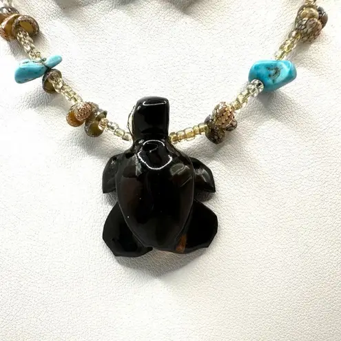 Turquoise and shell wood turtle long pendant necklace