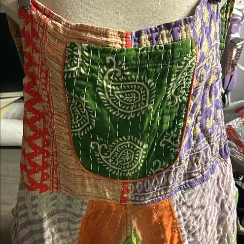 Kantha Rompers with Pockets, Handmade Cotton Boho Bib Jumpsuit, Sustainable Green Size 2X