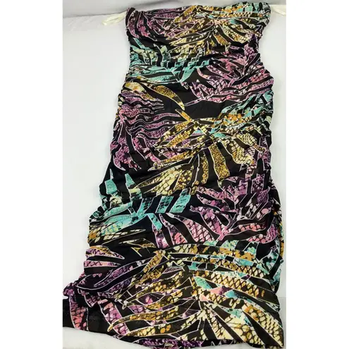 Love j Black Strapless Ruched Mini Dress Tropical Print Party Cocktail Small