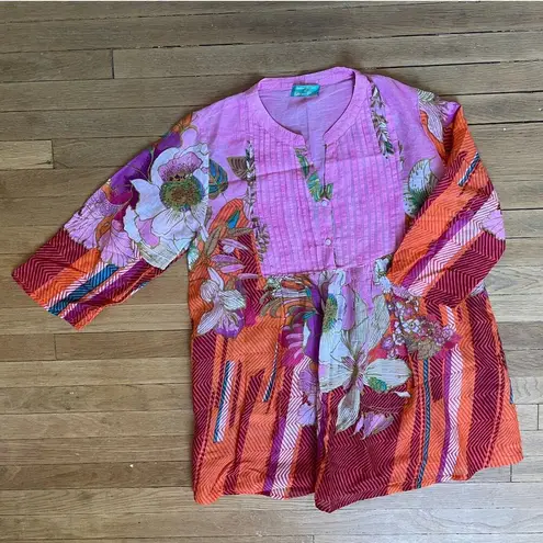 Antica Sartoria Positano Pink Floral Print Cotton Tunic Size Medium