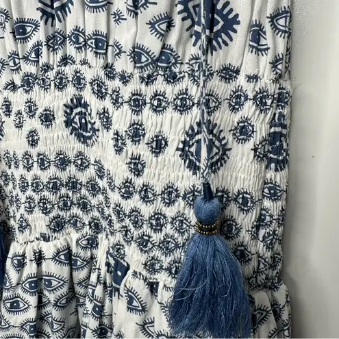 Skemo Evil Eye Boho Smocked Waist Gypsy Mini Dress In Small White