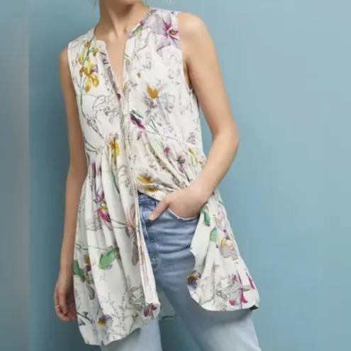 Anthropologie  Nia Floral W/White Embroidered
Ladder Lace Trim Floral Tunic Top M