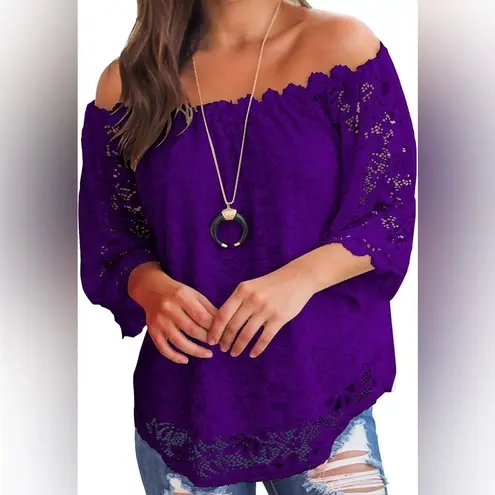 NWT MIHOLL Women's Lace Off Shoulder Tops Casual Loose Blouse Shirts Size L Purple Size L